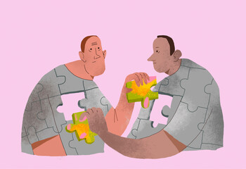 Illustration of two figures with puzzle pieces symbolizing mental health and personality