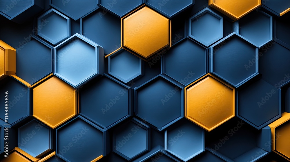 Poster intricate pattern of blue and gold hexagons creating a modern, geometric design suitable for various
