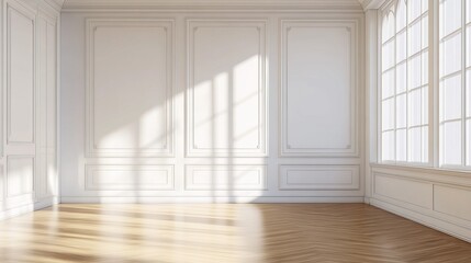 Obraz premium Room interior with white classic wall panel and wooden floor. Light background with luxury elegant molding frames. Realistic 3d vector illustration of home or office design with moulding and parquet