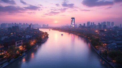 Serene cityscape at sunset over a river.