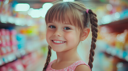Fototapeta premium little girl 7 years old with braided pigtails, brown hair, smiling, in a supermarket