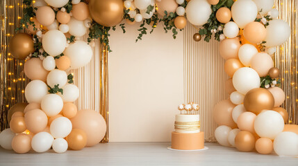 A large white and gold balloon arch with a cake in the middle