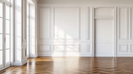 Obraz premium Room interior with white classic wall panel and wooden floor. Light background with luxury elegant molding frames. Realistic 3d vector illustration of home or office design with moulding and parquet