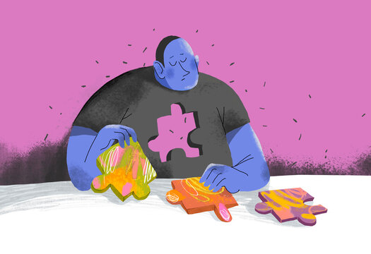 Illustration of a person contemplating puzzle pieces representing mental health and personality