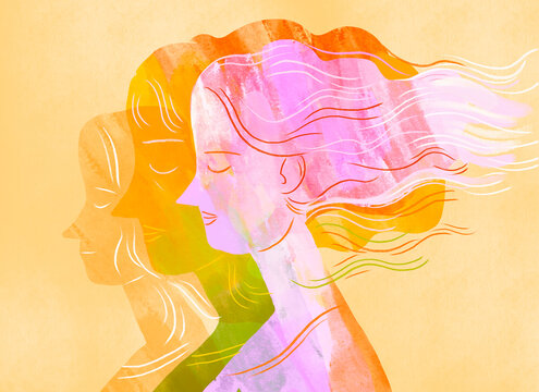 Stylized illustration of superimposed colorful female profiles symbolizing multi-layered personality and generational change