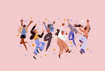 Illustration of dancing happy young people in casual clothes depicting joy and fun