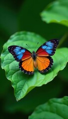Naklejka premium A single brightly colored butterfly on a leaf with intricate veins , floral patterns, wings, nature