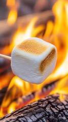 A delicious marshmallow is slowly being cooked on a stick held over a glowing fire, creating a perfect treat for all to enjoy. Bonfires with heart-shaped marshmallows