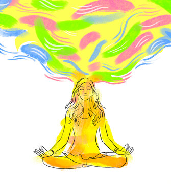 Colorful illustration of a person meditating with abstract patterns