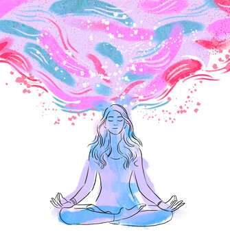 Illustration of a person meditating with colorful abstract patterns above