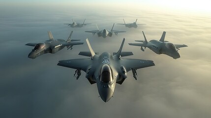 Fighter jets flying in formation above the clouds during a military exercise at dawn
