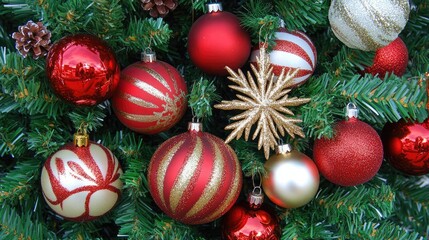 Close-Up of Assorted Christmas Baubles and Decorations on a Christmas Tree