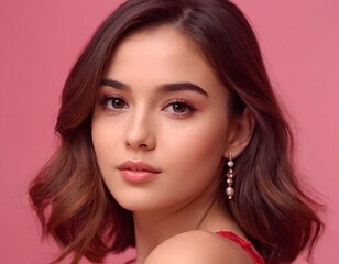 beautiful glowing skin young skin care girl in cheerful mood in front of pink background valentine day celebration concept closeup shot