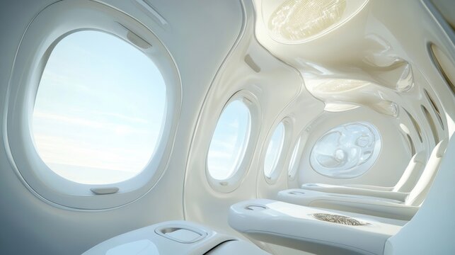 Plane window on flight. 3d aircraft inside view. Airline travel illustration for vacation mockup. White realistic layout of plain illuminator element set. Business journey or voyage transport.