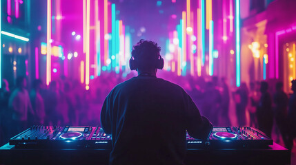 A DJ performing in a vibrant outdoor party with neon lights, colorful atmosphere, and a lively crowd enjoying the music.  
