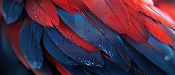 Obraz premium Vivid red and blue parrot feathers close-up.
