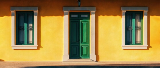 Obraz premium Sunny yellow building with green door and windows.