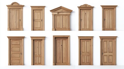 White wooden door for front entrance or inside house, apartment or office. 3d wood door with handle and frame in open, closed and ajar position, vector realistic set isolated on white background