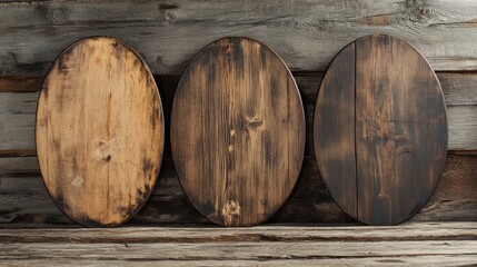 Fototapeta premium Wood texture game sign board vector realistic banner set. Isolated rustic farm ui icon interface design. Empty signboard plaque template with nail, collection for menu or message. Brown oval signage