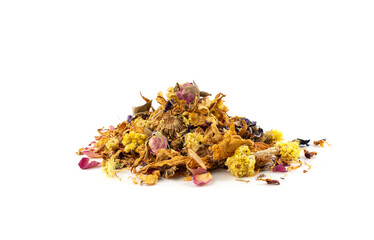 Dried edible flowers mix, Helichrysum arenarium, dwarf everlast, medical herb tea pile isolated