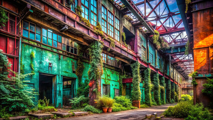 Naklejka premium Abandoned industrial building with vibrant colors and overgrown plants, showcasing urban exploration and nature reclamation. stunning blend of decay and beauty