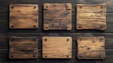 Fototapeta premium Wood texture sign board vector realistic banner set. Isolated rustic farm or saloon frame design. Empty signboard plaque template with nail, collection for menu or message. Brown oval signage