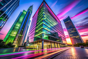 Obraz premium Stunning panoramic view of modern skyscrapers with vibrant neon lights, showcasing avant garde architecture and dynamic colors during sunset