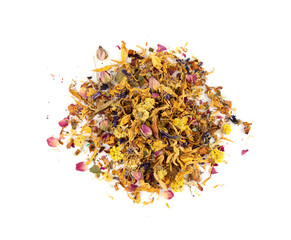 Dried edible flowers mix, Helichrysum arenarium, dwarf everlast, medical herb tea pile isolated