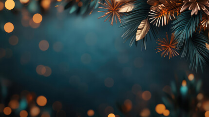 A blue background with gold and green leaves and a gold and green flower