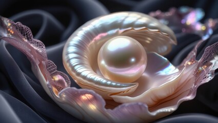 A luminous, creamy-white pearl glimmers within its delicate, swirling shell, surrounded by soft, velvety blackness, evoking an aura of refinement and sophistication, as if unveiled in a luxurious sett