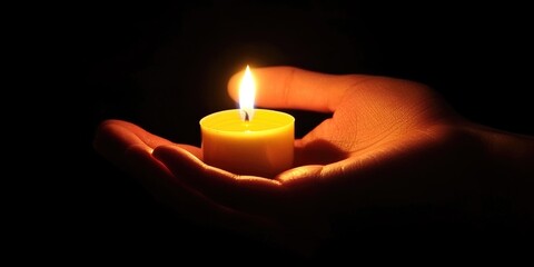 A hand holding a candle with a delicate flame, symbolizing peace and calm.