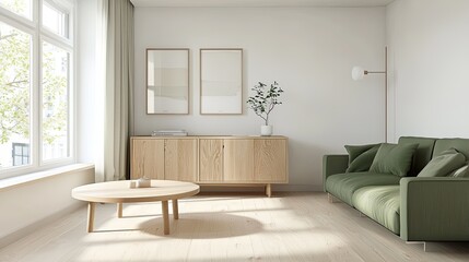 Stylish studio apartment with light wood flooring, soft white walls, and a muted green sofa