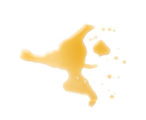 Spilled fish sauce isolated, asian fermented liquid puddle, stain, splatter, brown sauce on white