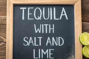 Obraz premium Tequila with salt and lime. On the chalkboard.