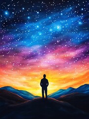 Fototapeta premium Silhouette Gazing at the Glowing Night Sky