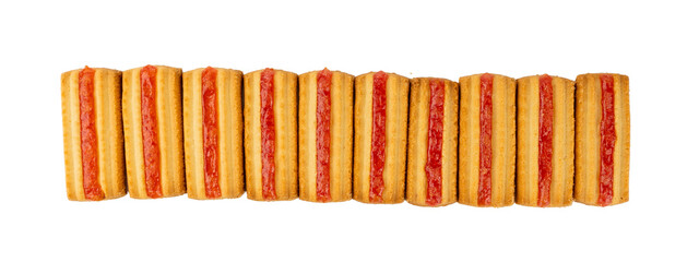 Shortbread sticks with a jam strip isolated, biscuit cookies with fruit marmalade or jelly on white