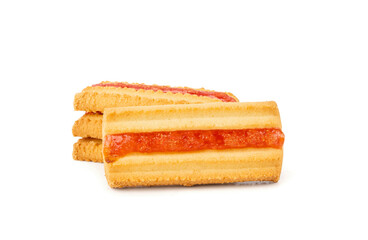 Shortbread sticks with a jam strip isolated, biscuit cookies with fruit marmalade or jelly on white