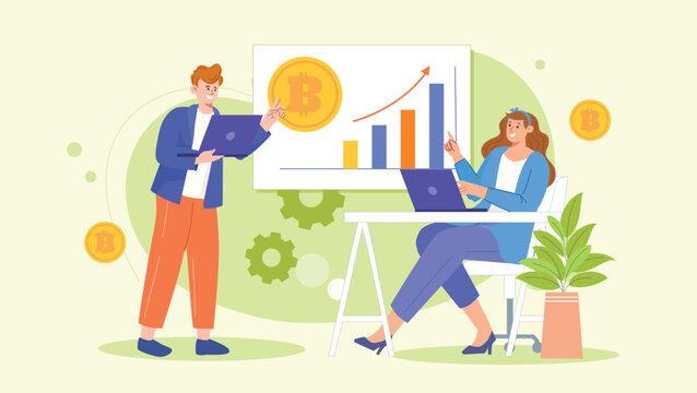 A detailed financial illustration showcasing the growth of digital currencies, featuring Bitcoin icons and analytical graphs for investment strategies.
