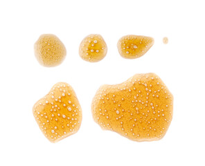 Spilled soda isolated, soft drink puddle, liquid stain, beer splatter, brown sparkling water with bubbles