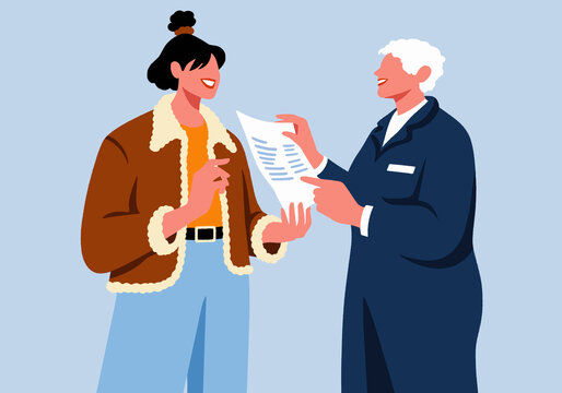 Happy businesswoman giving warranty certificate of products to customer against blue background