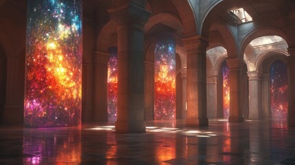 Cosmic pillars in ancient hall.