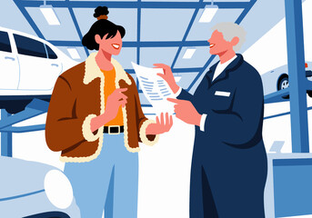 Senior auto mechanic giving repair bill to customer