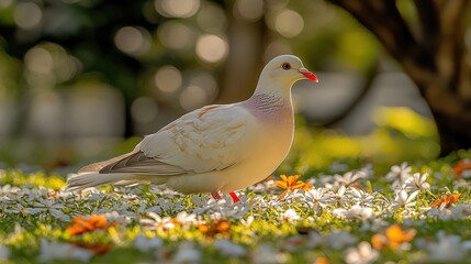 Fototapeta premium Cream-colored dove in a field of white flowers.