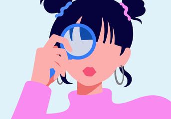 Girl looking through magnifying glass against blue background