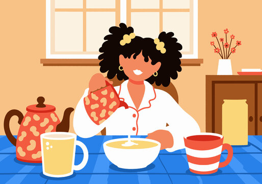 Smiling girl pouring milk in bowl at dining table