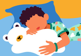 Boy sleeping with stuffed teddy bear on bed at home