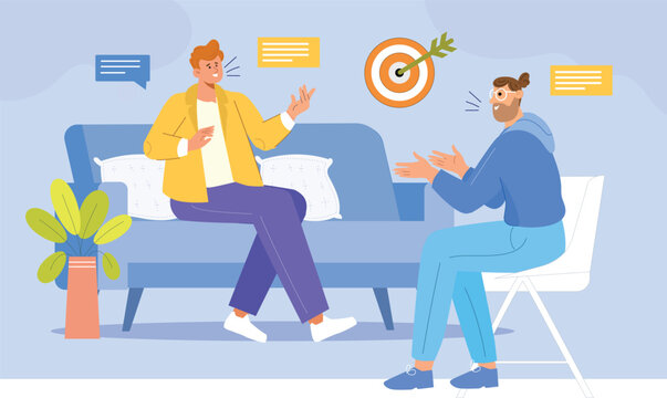 A modern illustration highlighting virtual therapy, showcasing counselors and patients in engaging online sessions with targeted, meaningful discussions.