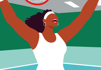 Cheerful athlete celebrating tennis victory at sports court
