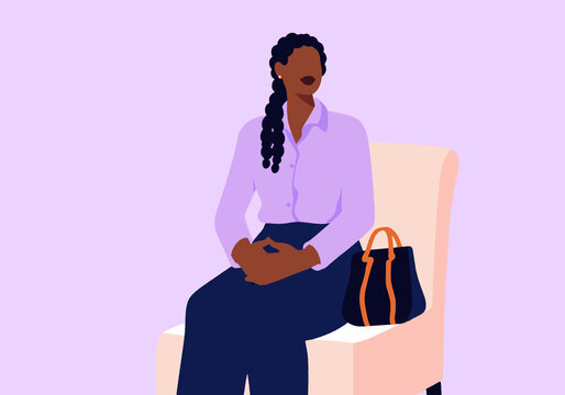 Candidate waiting for interview against lavender background