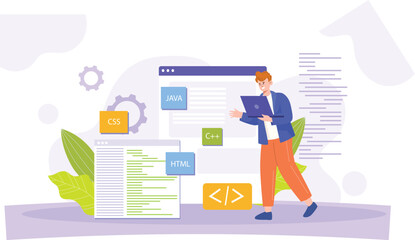 A vibrant depiction of modern programming, featuring elements like HTML, CSS, and Java, highlighting coding skills and innovative web development.